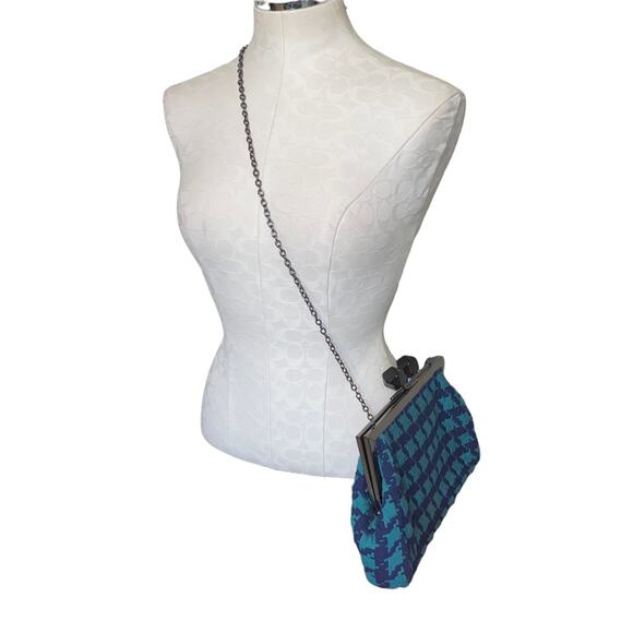 La Je Houndstooth Print Satchel Kisslock Shoulder Purse Vintage Blue and green - Picture 3 of 5
